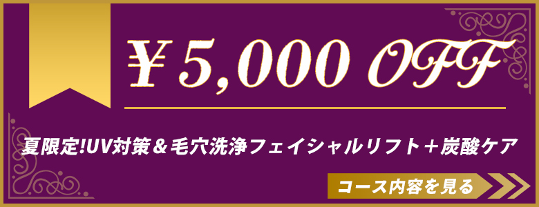 夏限定!UV対策＆毛穴洗浄フェイシャルリフト＋炭酸ケアコース フェイシャルエステキャンペーン￥5,000割引