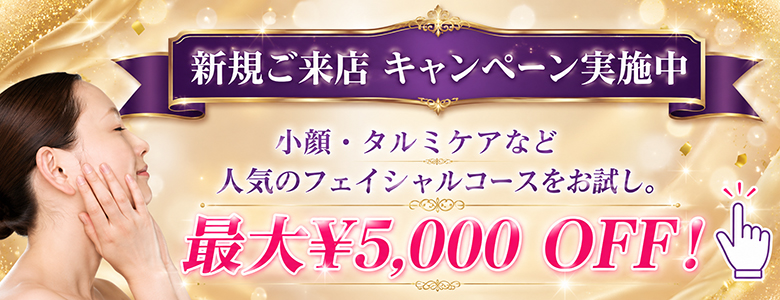 荻窪・隠れ家エステサロン 新規ご来店 エステキャンペーン！小顔・タルミケアなど人気のフェイシャルコースをお試し。 最大￥5,000 OFF！