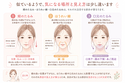 頬が下がって見える変化と、ほうれい線・口元のたるみは同じ?