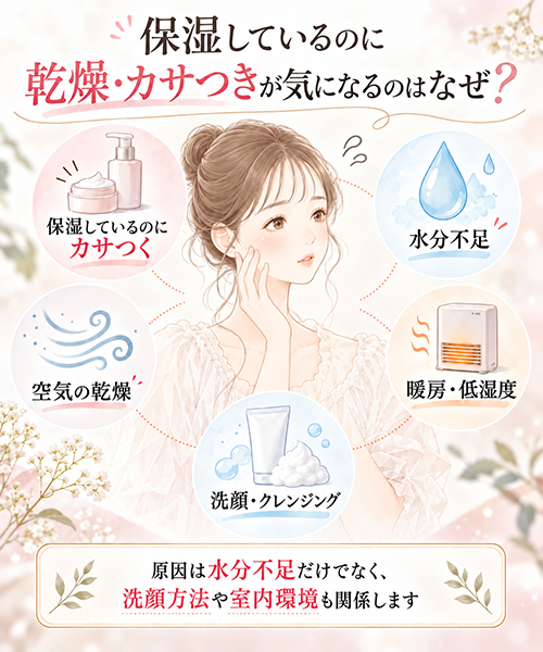 肌が乾燥してカサつくのはなぜ?保湿しても水分が不足する原因とケア
