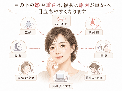 目の下の影や重さは、乾燥・ハリ不足・疲れなど複数の原因が重なって目立ちやすくなります