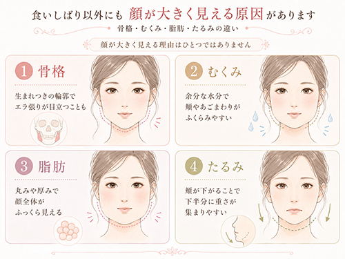 食いしばり以外にも顔が大きく見える原因があります