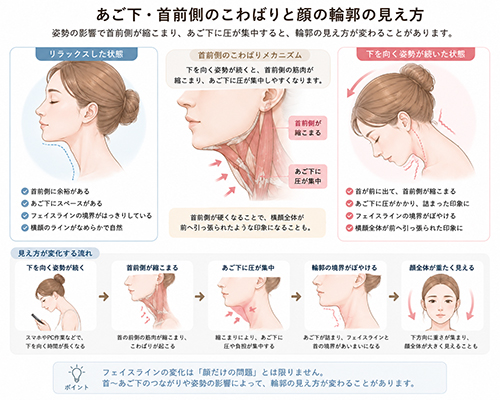 あご下・首前側のこわばりと顔の輪郭の見え方