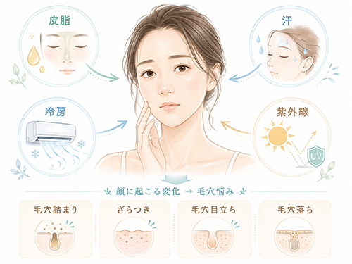 皮脂・汗・冷房・紫外線が重なる夏の毛穴悩みと、詰まり・ざらつきケアのポイント