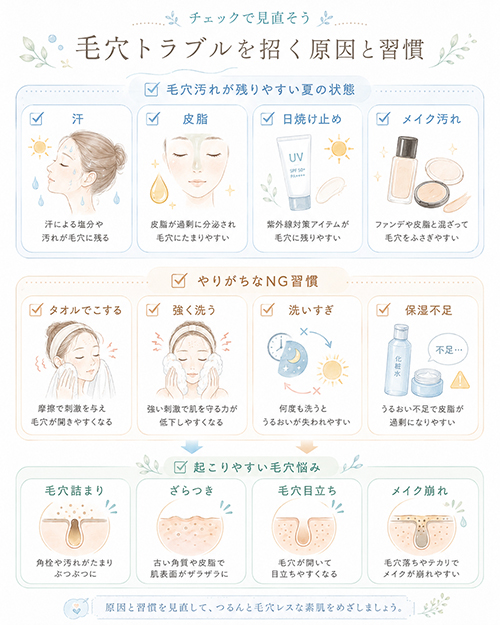 汗と皮脂が混ざると毛穴汚れが残りやすい