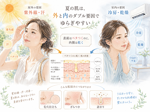 冷房と紫外線で、ベタつくのに乾く肌になりやすい