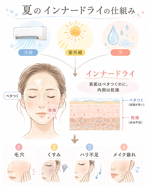 冷房・紫外線・汗の影響で、肌表面はベタつくのに内側が乾燥するインナードライの状態を解説