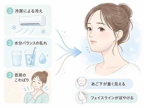 冷房・水分バランス・首肩のこわばりが、夏の顔のむくみとフェイスラインの重さにつながる理由