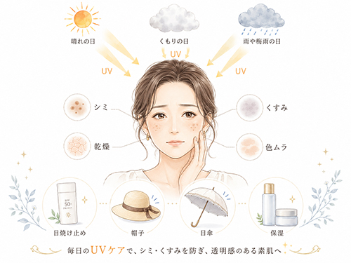 紫外線によるシミ・くすみを防ぐために、日差しの強い日以外もUVケアを