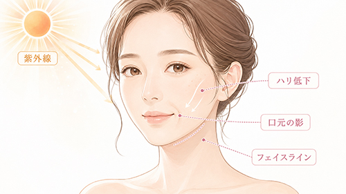 紫外線はシミだけでなく、顔のたるみやハリ低下にも関係します