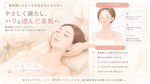紫外線によるハリ不足や顔のたるみが気になる方のフェイシャルケア