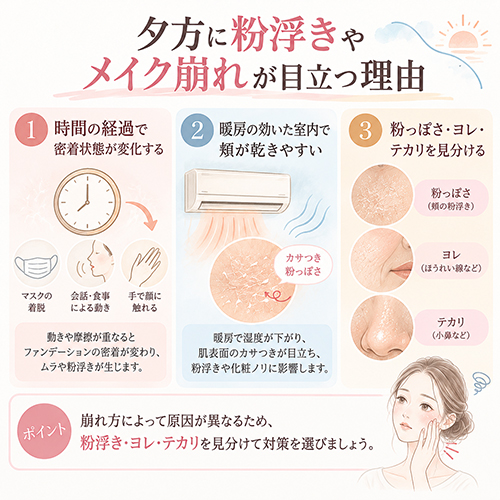 朝はきれいなのに夕方になると粉浮きやメイク崩れが目立つ理由